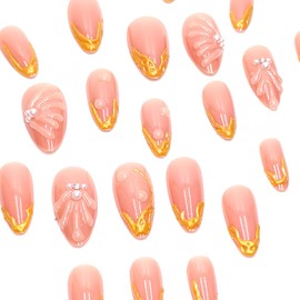 Summer Press on Nails Medium Almond Fake Nails with 3D Seashell Pearl Design Stick on Nails Cute Full Cover False Nails Shiny Glossy Acrylic Glue On Nails for Women Nails Art Decoration 24Pcs