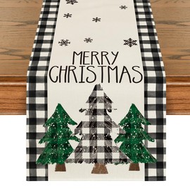 Artoid Mode Black White Buffalo Plaid Pine Trees Merry Christmas Table Runner, Winter Xmas Holiday Kitchen Dining Table Decoration for Home Party Decor 13x48 Inch