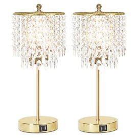 Boncoo Crystal Table Lamp Set of 2, 3-Way Dimmable Nightstand Lamp with 2 USB Charging Ports, Gold Bedside Lamp for Bedroom, Touch Small Lamp with Elegant Shade for Living Room, B11 LED Bulb Included