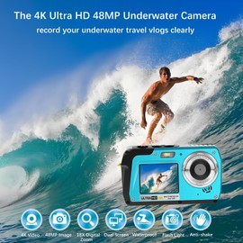 4K Underwater Camera, Full HD 4K&48MP Compact Floatable Camera, 10FT Waterproof Camera for Snorkeling, Surfing, Rafting, Dual-Screen for Selfie/16X Digital Zoom/Fill Light/Support 128GB Card(Blue)