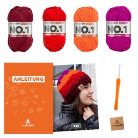 myboshi Tsu Bobble Hat Crochet Kit with No.1 Wool, Needle and Instructions for Hats and Scarves Crochet Package 30% Merino Wool Red with Crochet Hook