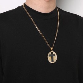 HZMAN Gold Cross Necklace for Men Stainless Steel Cubic Zirconia Black Cross Medal Pendant