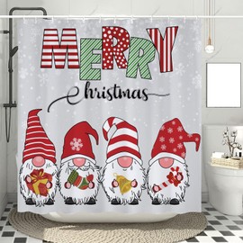 cokomi Merry Christmas Gnome Shower Curtain Winter Gnomes Handing Stocking on Snowy Snowflake Scene Xmas Shower Curtain Fabric Kids Christmas Bathroom Decor Waterproof with Hooks 72x72 Inch