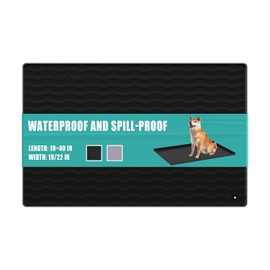 URMONA 34" x 22" Silicone Pet Feeding Mat, Dog Cat Food and Water Mat, Waterproof Raised Edge Cat Litter Box Tray, Rubber Pets Accessories, Puppy Kitty Essentials（Black）