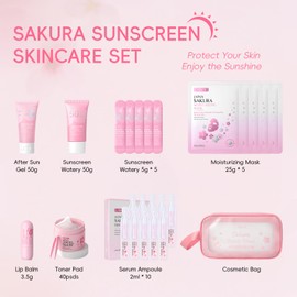 LAIKOU Sakura Sun Cream Set Face and Body, 16 Pieces Sun Protection Travel Size Set, with SPF50 Sun Cream Apres Sun Gel Lip Balm Essence Moisture Pads Cloth Masks Toiletry Bag (16)