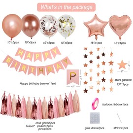 MSMANCY Rose Gold Birthday Party Decorations Set, Happy Birthday Banner,Stars Garland, Tassel paper garland and Balloons for Women Girls Birthday Party Decor (Rose gold)
