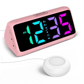 Netzu Loud Alarm Clock for Heavy Sleepers, Vibrating Alarm Clock with Vibration Pad, RGB Led Display, Dual Alarms, 5 Brightness, 4 Volumes, Snooze, Bedside Clocks for Teens Elderly (Pink)