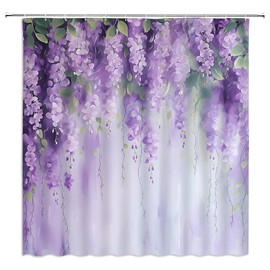 WUASDCS Purple Floral Shower Curtain Watercolor Spring Lavender Flower Weeping Wisteria Blossom Vine Leaves on Blurred Background Bathroom Decor Polyester Fabric Curtains with Hook 70Wx70H Inches