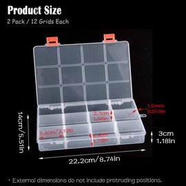 Farmer Mani Clear Bead Storage Containers with Adjustable Dividers Rectangle Clear Craft Supply Case (12 Grids-2 Pack)