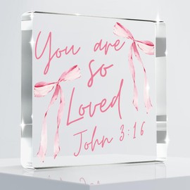 Pink Bow Room Decor, Inspirational Bible Verse Quotes, Christian Gifts for Women, Coquette Aesthetic Bow Dorm Decoration, Office Decor for Women, Acrylic Office Desk Accessories Decoration-John 3:16