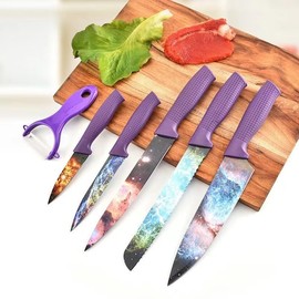 BRILENS Knife Set, 6 Piece with Nonstick Colored Coating, Sharp Stainless Steel Rainbow Kitchen Knife Set