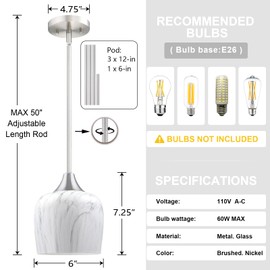 3 Pack 1 Light Indoor Hanging Kitchen Island 6.1" Opal Marble Glass Pendant Light Fixtures,Brushed Nickel Finish Modern Farmhouse Dinning Over Sink