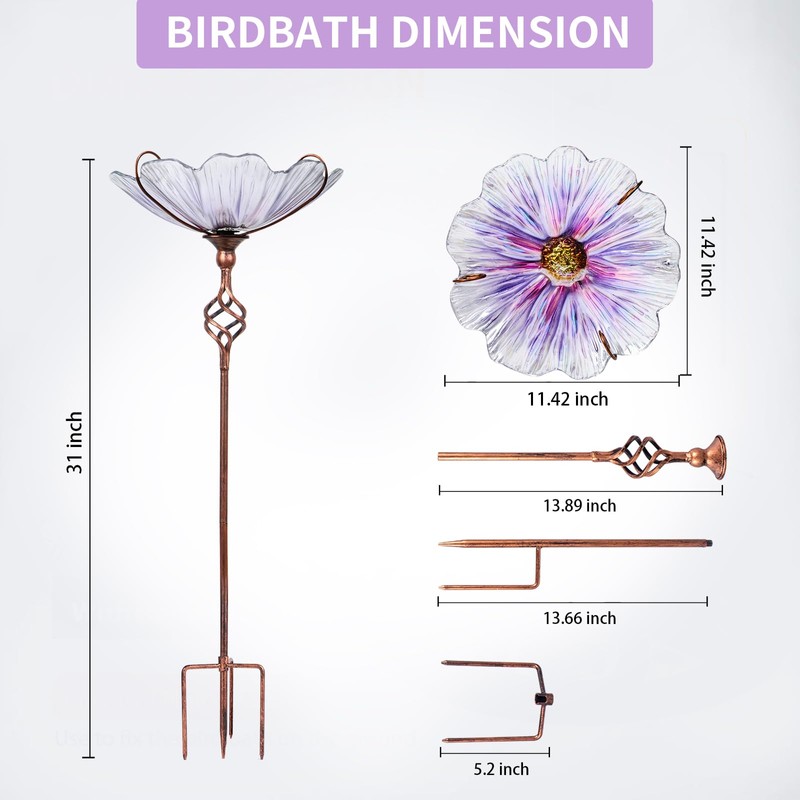MUMTOP 31 Inch Height Glass Birdbath Birdfeeder with Metal Stake