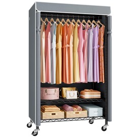 ULIFHOME P6C Rolling Clothes Rack with Cover, Covered Clothing Racks Heavy Duty, Portable Closet for Hanging Clothes, Garment Racks on Wheels, Black Closet Rack with Gray Cover, Max Load 365LBS