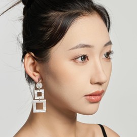 White Clip On Earrings for Women, WOOYAS Retro Simple Acrylic Geometric Clip Earring, White Satin Square Hollow Dangling Earring Non Piercing Statement Earrings Jewelry Birthday Valentine's Day Gift