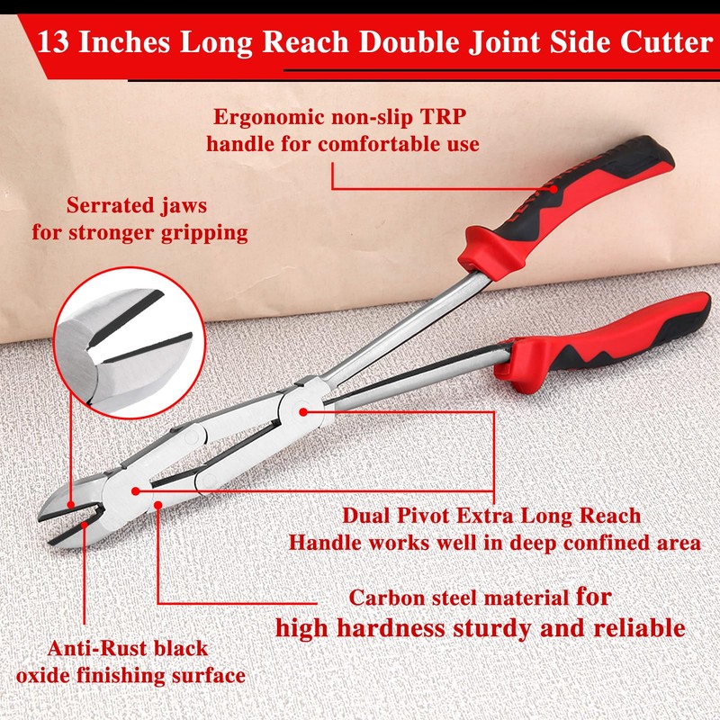 Long Reach XL Dual Pivot Wire Cutting Pliers Double-Joint Side