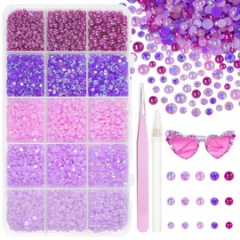 12000 Pcs Purple Flatback Pearls and Rhinestones for Crafting, 3-5 mm Jelly Resin Rhinestones, Mixed Size Half Pearl Bedazzling Gems for Nail DIY Crafts Mugs Bottles Tumblers Clothes Makeup