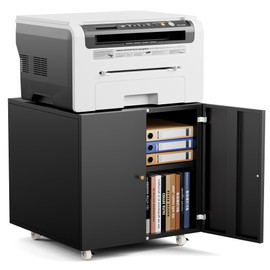 Warmiehomy Metal Printer Stand with Storage Mobile Printer Tables for Small Spaces with Door Adjustable Shelf File Cabinet on Wheels for Home Office (Black)