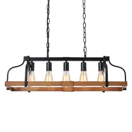 5-Lights Kitchen Island Lighting, UL Listed L31 Height Adjustable Hand-Painted Wood Color Metal Hanging Farmhouse Pendant Lights for Kitchen,Rustic Linear Chandeliers for Dining Room Over Table