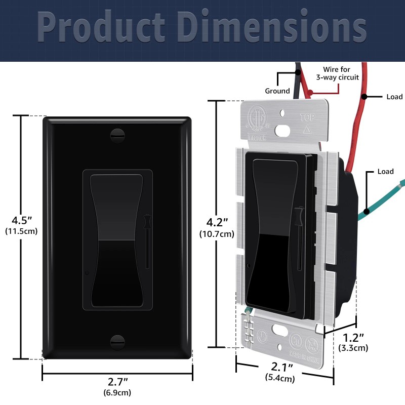 GREENCYCLE 2Pack Black Decora Rocker, 600W CFL/3-150W LED, 3-Way Dimming