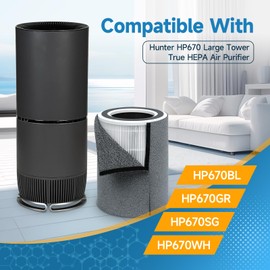 Harebery Upgrade HP670 Replacement Filter Set Compatible with Hunter HP670 Large Tower Purifier, Part Number H-HF670-VP, 2 HEPA Filter + 8 Carbon Pre-Filters