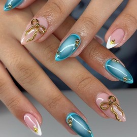 24Pcs Medium Almond Press on Nails Blue Green Gradient Fake Nails with 3D Metal Bow Designs Nude Pink Acrylic Nails White French Tip False Nails Cute Glue on Nails for Women Girls Manicure Kit