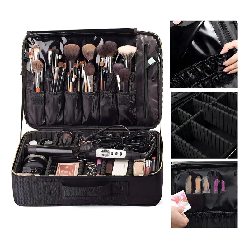Maletín Maquillaje Cosmetiquera Con Divisor Ajustable Viaje Color Negro