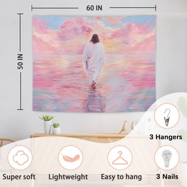 AQYIP Jesus Walking on Water Tapestry, Pastel Christian Jesus Tapestry Decorative, Christian Room Decor, Pink Religious Wall Tapestries Blanket Decor for Home Office Church, 50x60 Inch