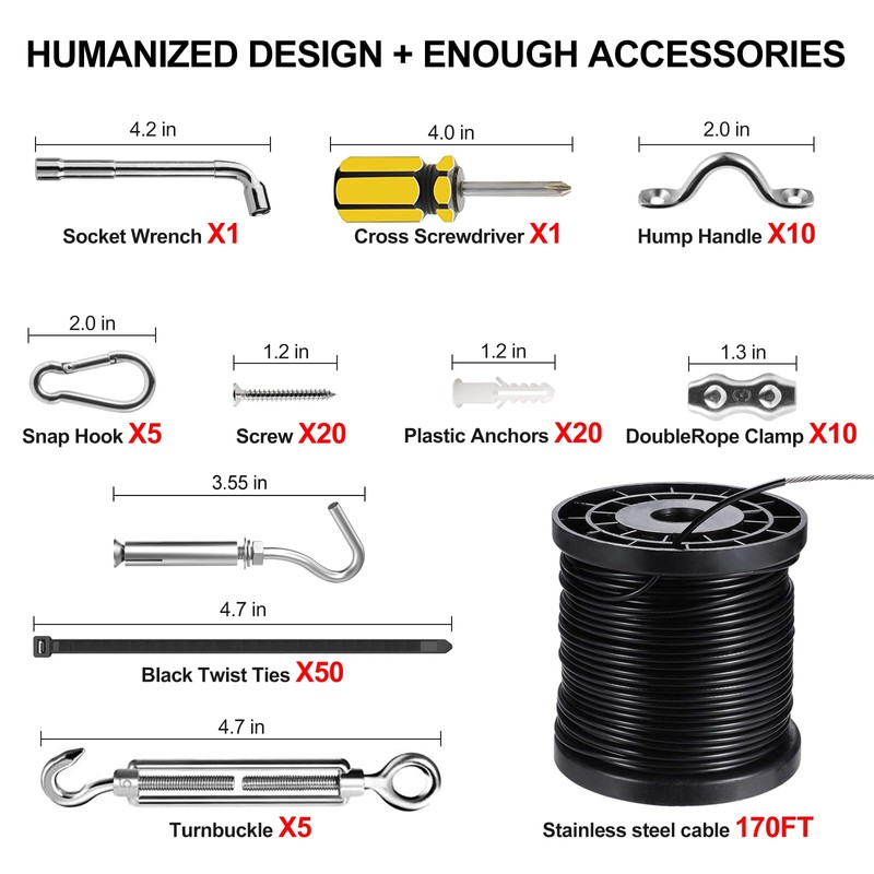 BLIKA String Light Hanging Kits, 170FT Coated Stainless Steel 304