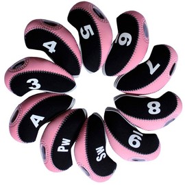 FLTRAD 10Pcs Golf Clubs Iron Head Covers 3-9 A/SW/PW Elastic Reused Neoprene Material with Number Tag Protect Case For Irons Black & Pink