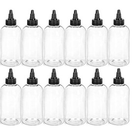 4 Ounce Boston Round Bottles, PET Plastic Empty Refillable BPA-Free, with Black Twist Top Caps (Pack of 12) (Clear)