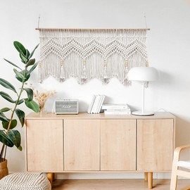 POFEIKTS Macrame Kitchen Curtains 47x22Inch Farmhouse Boho Curtains with Tassels for Bedroom, Livingroom, Bathroom Windows