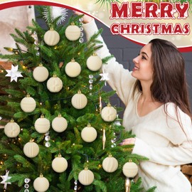 Menkxi 30 Pcs 1.97 Inch Christmas Velvet Balls Small Flocked Christmas Ornaments for Tree Plastic Balls Xmas Decorative Hanging Ornaments Handmade Flocked Velvet Christmas Tree Home Decor(White)