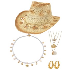 Geyoga 4 Pcs Jewelry Set Western Cowboy Hat Vintage Turquoise Belt Necklace Earrings for Women (Ocean,Beige)