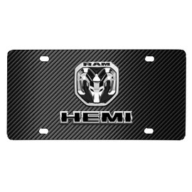 iPick Image Compatible with RAM 2019 up HEMI 3D Dual Logo on Black Carbon Fiber Patten Stainless Steel License Plate