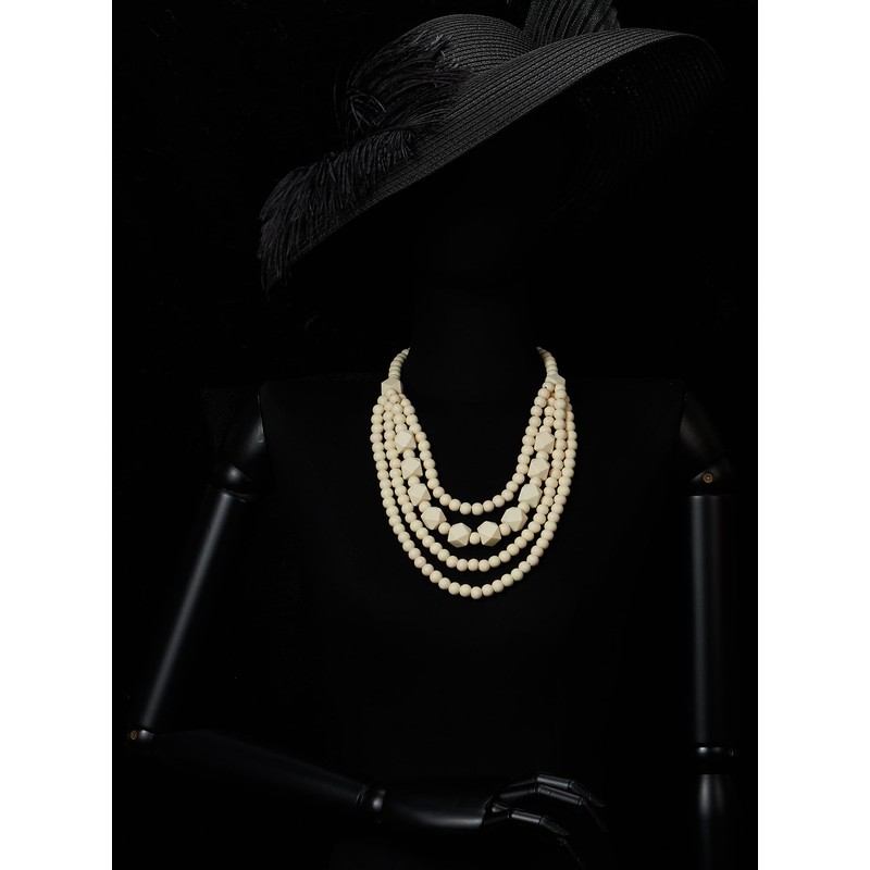 COOLSTEELANDBEYOND Layered Cream Bead Statement Necklace Round and Faceted Wood