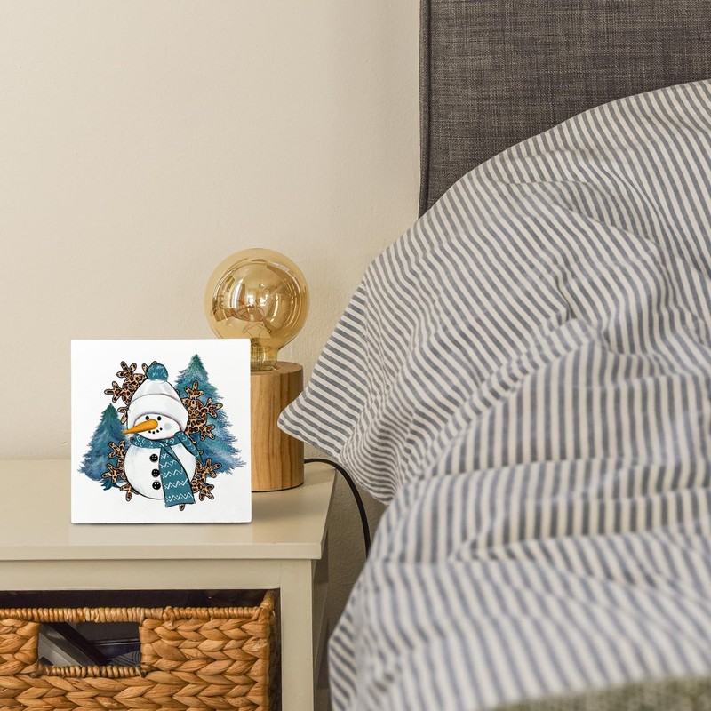 Blue Snowman Decor, Leopard Print Snowflake Snowman Christmas Wooden Box