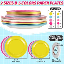 84Pieces Disposable Paper Plates Bulk DIY Paper Plate Flowers Kit for Wall Decorations 41PCS 9inch and 43PCS 7inch Colorful Plates for Crafts Floral Birthday Pary Supplies Daisy Wildflower Sunflower
