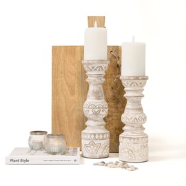 Kurrajong Farmhouse Farmhouse Candle Stands - Set of 2 Tall Candle Holders | Decorative Wood Candle Holders Set | 10" and 12" high | White Washed Candle Holders for Table Centre Piece