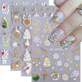 Christmas Nail Stickers, 5D Embossed Snowflake Nail Decals with Rhinestones Gold Snowflake Bell Xmas Tree Winter Nail Design Holiday Nail Art Decoration for Women Girls(4Sheets)