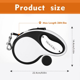 26Ft Retractable Dog Leash with Chew Proof Cable,Heavy Duty Dog Leash with Removable Poop Bags for Medium Large Dogs up to 110lbs,Strong Nylon Tape No Tangle,One-Handed Brake (White)