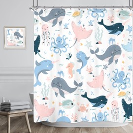 Riyidecor Ocean Whale Kids Shower Curtain 60Wx72H Inch Underwater Cartoon Animal Octopus Jellyfish Sea Life Cute Pink Blue Seaweed Turtle Bathroom Decor Fabric Polyester Waterproof 12 Pack Hooks