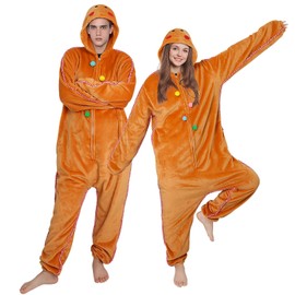 pewjury Christmas Onesie Pajamas for Women, Gingerbread Man Costume Adult Unisex One Piece Cosplay Gingerbread Pajamas Brown