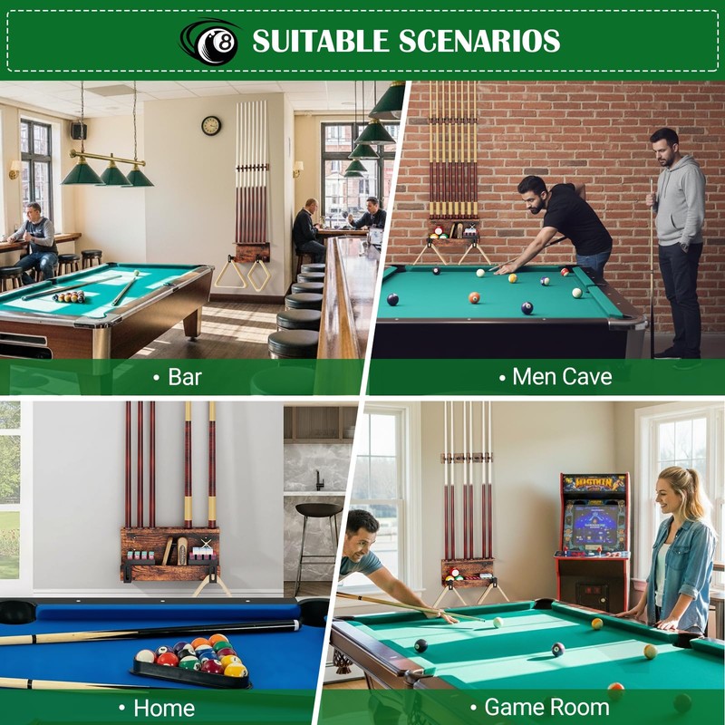 WHEARTED Wall Mount Pool Stick Holder, Billiards Pool Cue Rack
