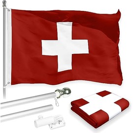 2'x3' Switzerland Polyester Flag Display Set Also Includes One Deluxe 4' Two Piece Spinner Flagpole and One Heavy Duty Mounting Bracket