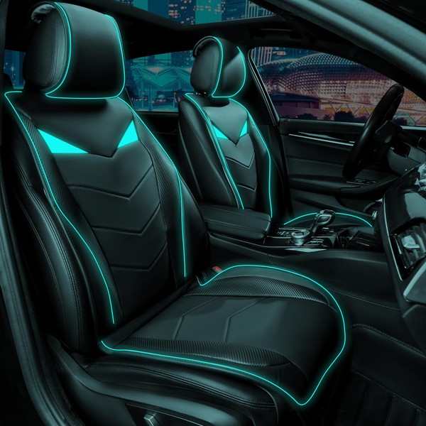 CAR PASS Leather Two Front Seat Covers with Led Light,Sound-Activated Music Sync Little Monster Eye Cute Lighting Front Seat Cover Only Universal Fit for Sedans SUVs Vans Cars (Black and Mint Blue)
