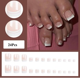 Kyzistn24pcs French False Toenails White Tip Press on Toe Nails Nude Stick on Toe Nails Removable Glue-on Toenails Fake Toe Nails Full Cover Acrylic Toe Nail Art Tips for Women