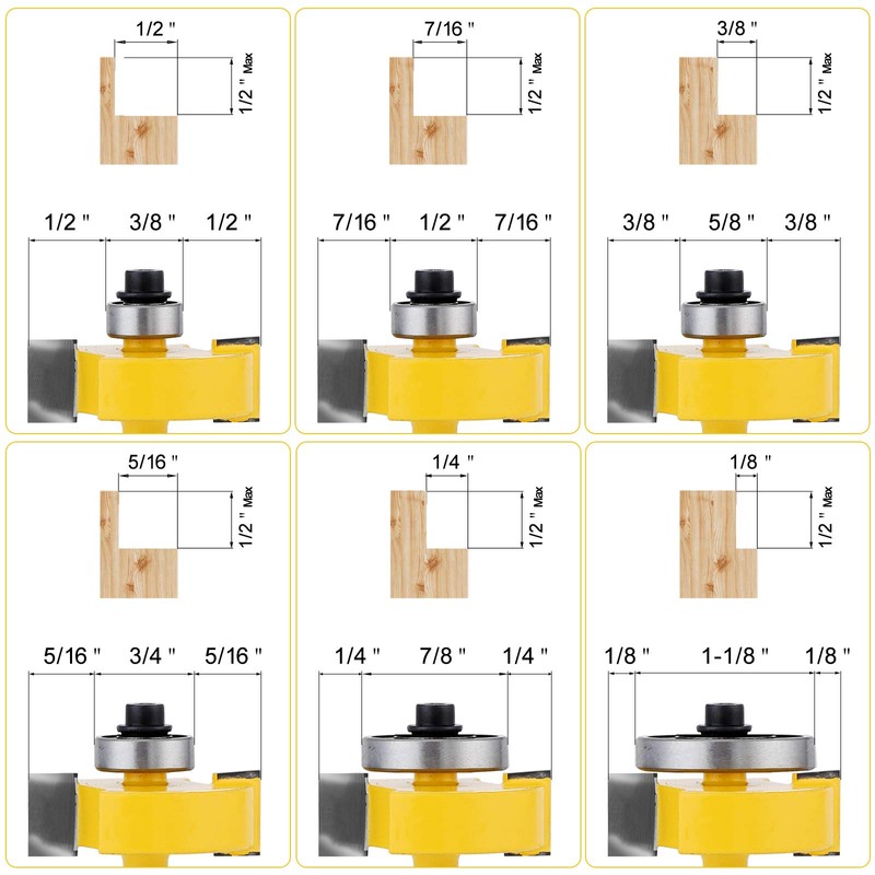 JTTJDB 1/4-Inch Shank Rabbet Router Bit with 6 Bearings Set