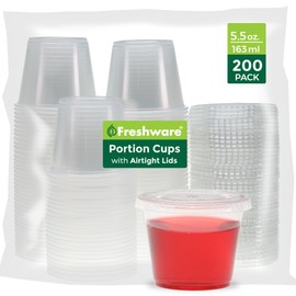 Freshware Plastic Portion Cups with Lids [5.5 Ounce, 200 Sets] Souffle Cups, Jello Shot Cups, Condiment Sauce Containers For Sampling, Sauce, Snack or Dressing
