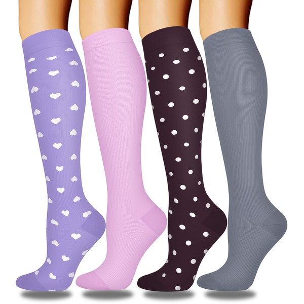 Aoliks - 4 pares de calcetines de compresión para mujeres y hombres, morados, 15-20 mmHg, calcetines de apoyo de circulación para enfermeras volando
